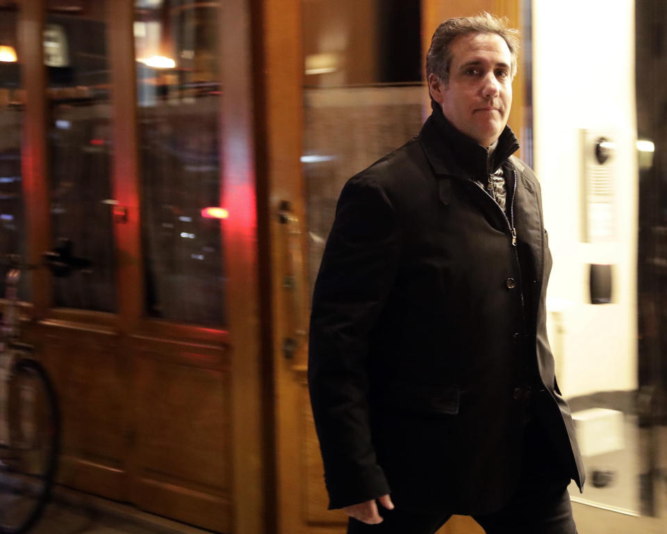 FILE - In this April 10, 2018, file photo, Michael Cohen, President Donald Trump's personal attorney, walks to his hotel in New York. A year ago Tuesday, April 9, 2019, FBI agents raided Cohen’s home and office and some pundits declared it the beginning of the end of Donald Trump’s presidency. And yet, there are mounting indications that Cohen’s usefulness to federal prosecutors is drying up. (AP Photo/Frank Franklin II, File)