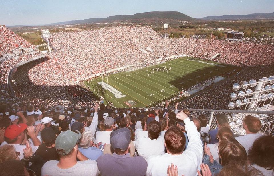 View of Beaver Stadium and Mount Nittany from the upper deck at a football game in October 1997.