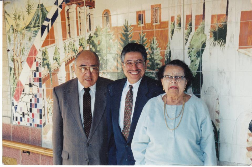Roy G. Guerrero, left, shown with Fernando Torres-Gil and Onie B. Conley in the courtyard of the Conley-Guerrero Senior Activity Center, was the namesake for Roy Guerrero Colorado River Metropolitan Park.