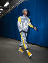 <p>OKC’s Dennis Schroder wears Air Force 1 LV8 in university gold to the arena before the game against the Los Angeles Lakers on April 2. </p>