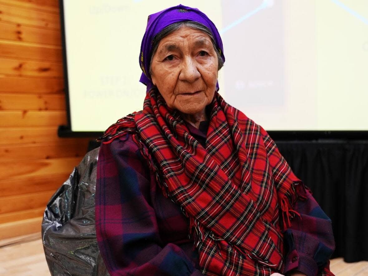 Innu elder Tshaukuesh Elizabeth Penashue in Shetshatshiu, Labrador, at the Inquiry into the Treatment, Experiences and Outcomes of Innu in the Child Protection System. (Heidi Atter/CBC - image credit)