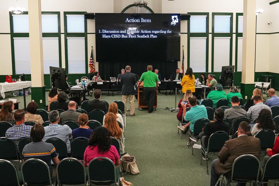 Community members attend a Hays Consolidated Independent School District Board of Trustees special meeting on the district's school bus seat belt plan at the Historic Buda Elementary Campus on Monday, April 15, 2024 in Buda, Texas.