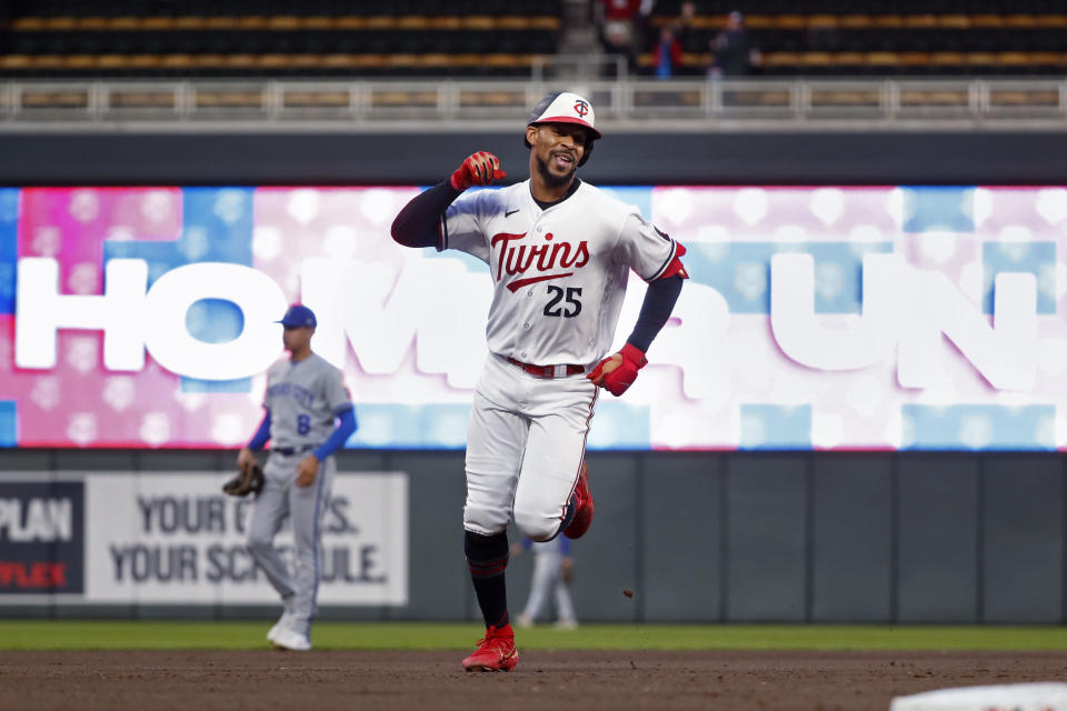 Minnesota Twins' Byron Buxton runs the bases on his three-run home run against the Kansas City Royals during the fourth inning of a baseball game Thursday, April 27, 2023, in Minneapolis. (AP Photo/Bruce Kluckhohn)