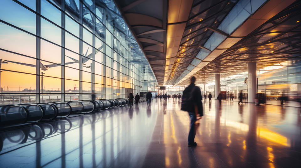 A busy airport terminal, highlighting the company's strong transportation arm.