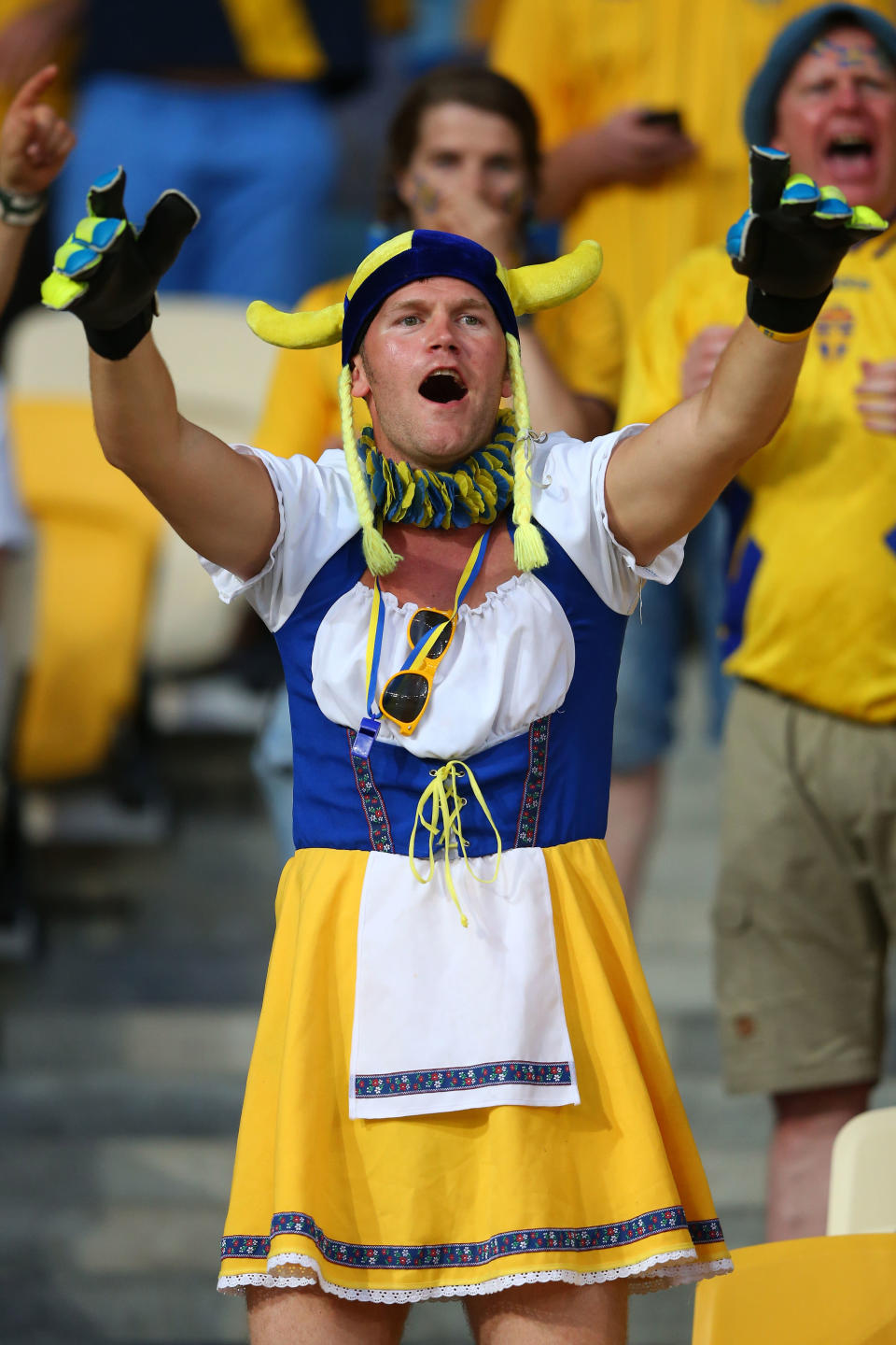 KIEV, UKRAINE - JUNE 11: A Swedish fan soaks up the atmopshere ahead of the UEFA EURO 2012 group D match between Ukraine and Sweden at The Olympic Stadium on June 11, 2012 in Kiev, Ukraine. (Photo by Alex Livesey/Getty Images)