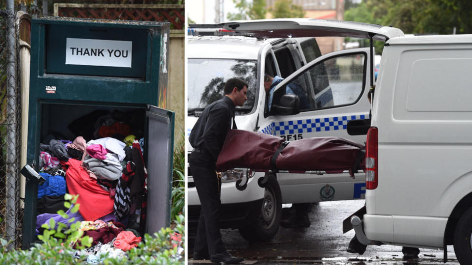 The body of a man is removed from a charity clothing bin in Rosebery, in Sydney, in November 2015. Images: AAP