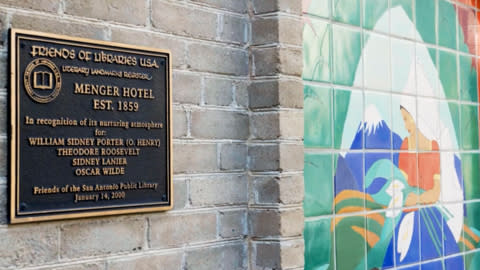 The Menger Hotel (1859) San Antonio. Literary Landmarks Register Plaque. Photo: Historic Hotels of America and The Menger Hotel.