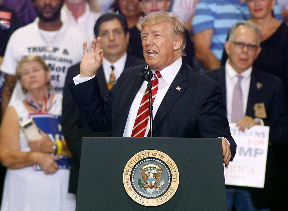 President Trump speaks to a crowd of supporters at the Phoenix Convention Center during a rally on Aug. 22, 2017, in Phoenix. (Photo: Ralph Freso/Getty Images)