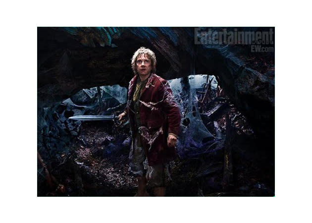 Entertainment Weekly has released a bunch of new screens from the upcoming Hobbit film. Here's Bilbo Baggins (Martin Freeman) in a character-defining scene set in Mirkwood forest. (Credit: Entertainment Weekly)