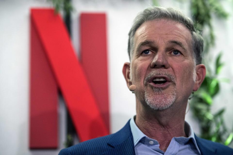 Co-founder and director of Netflix Reed Hastings delivers a speech as he inaugurates the new offices of Netflix France, in Paris on January 17, 2020. - Hastings announced some 20 French projects by Netflix on January 17, 2020. (Photo by Christophe ARCHAMBAULT / AFP) (Photo by CHRISTOPHE ARCHAMBAULT/AFP via Getty Images)