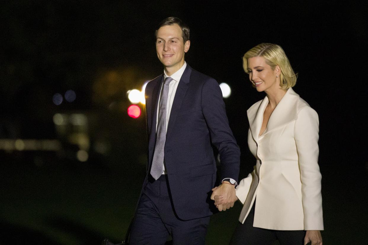 Jared Kushner and Ivanka Trump walk to the White House after stepping off Marine One on Oct. 18, 2019.