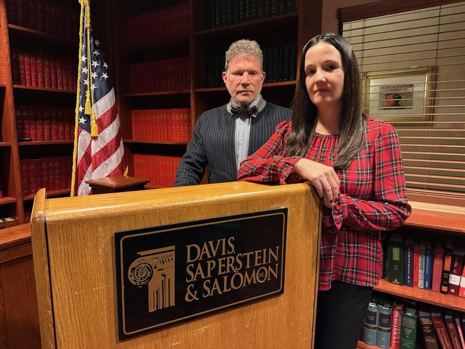 Sam Davis, partner of Teaneck law firm David, Saperstein & Solomon, with associate Kelly Conlon.  She was barred from attending a Radio City Music Hall performance because her law firm has a suit pending against parent company Madison Square Garden Entertainment.