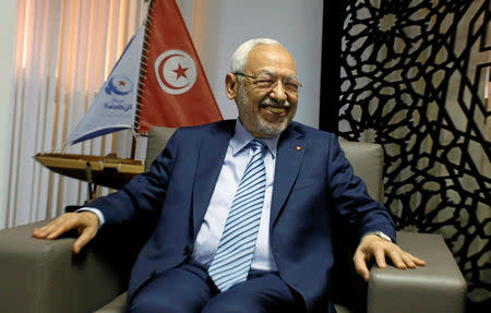 Rached Ghannouchi, the head of the Islamist party Ennahda, speaks during an interview with at Reuters journalists in Tunis, Tunisia, April 25, 2018. Picture taken April 25, 2018. REUTERS/Zoubeir Souissi