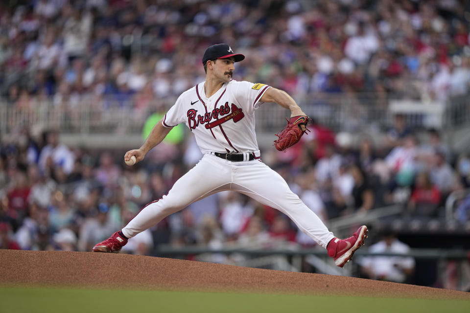 Atlanta Braves starting pitcher Spencer Strider delivers in the first inning of a baseball game against the Philadelphia Phillies, Sunday, May 28, 2023, in Atlanta. (AP Photo/Brynn Anderson)