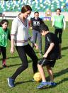<p>The athletic Duchess played soccer (known in the UK as football) with children during a visit to the National Stadium in <a href="https://www.townandcountrymag.com/society/tradition/g26550415/prince-william-kate-middleton-northern-ireland-visit-photos/" rel="nofollow noopener" target="_blank" data-ylk="slk:Belfast, Ireland," class="link ">Belfast, Ireland,</a> home of the Irish Football Association. </p>