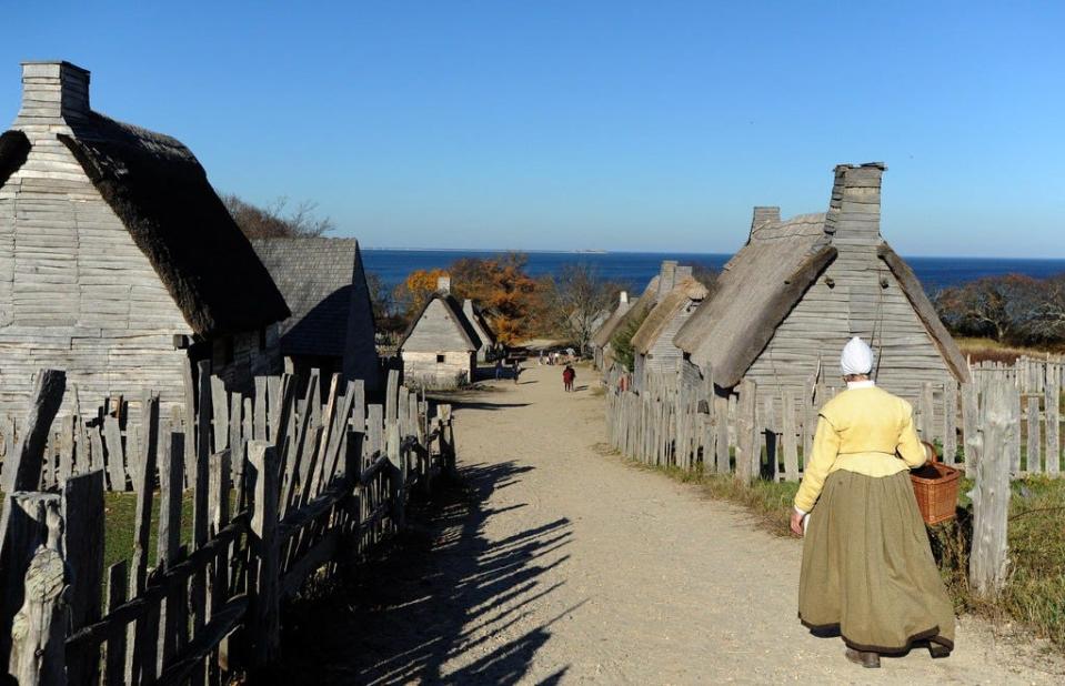 A scene from the Pilgrim Village at Plimoth Patuxet living museum in Plymouth earlier this month.