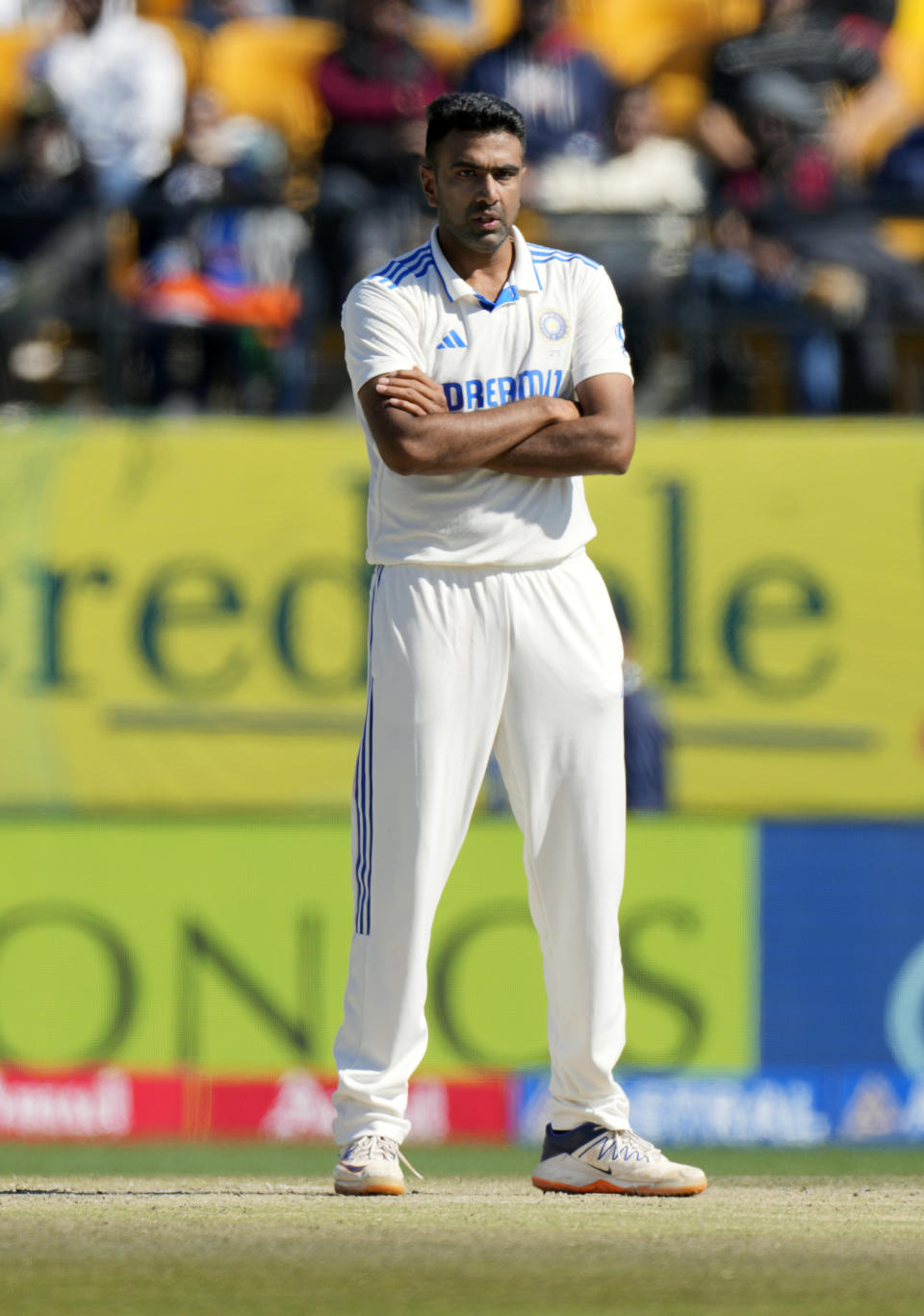 India's Ravichandran Ashwin gestures after bowling a delivery on the third day of the fifth and final test match between England and India in Dharamshala, India, Saturday, March 9, 2024. (AP Photo /Ashwini Bhatia)