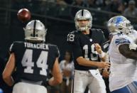 Aug 10, 2018; Oakland, CA, USA; Oakland Raiders quarterback Connor Cook (18) passes the ball to running back Ryan Yurachek (44) against the Detroit Lions during the first quarter at Oakland Coliseum. Mandatory Credit: Kelley L Cox-USA TODAY Sports