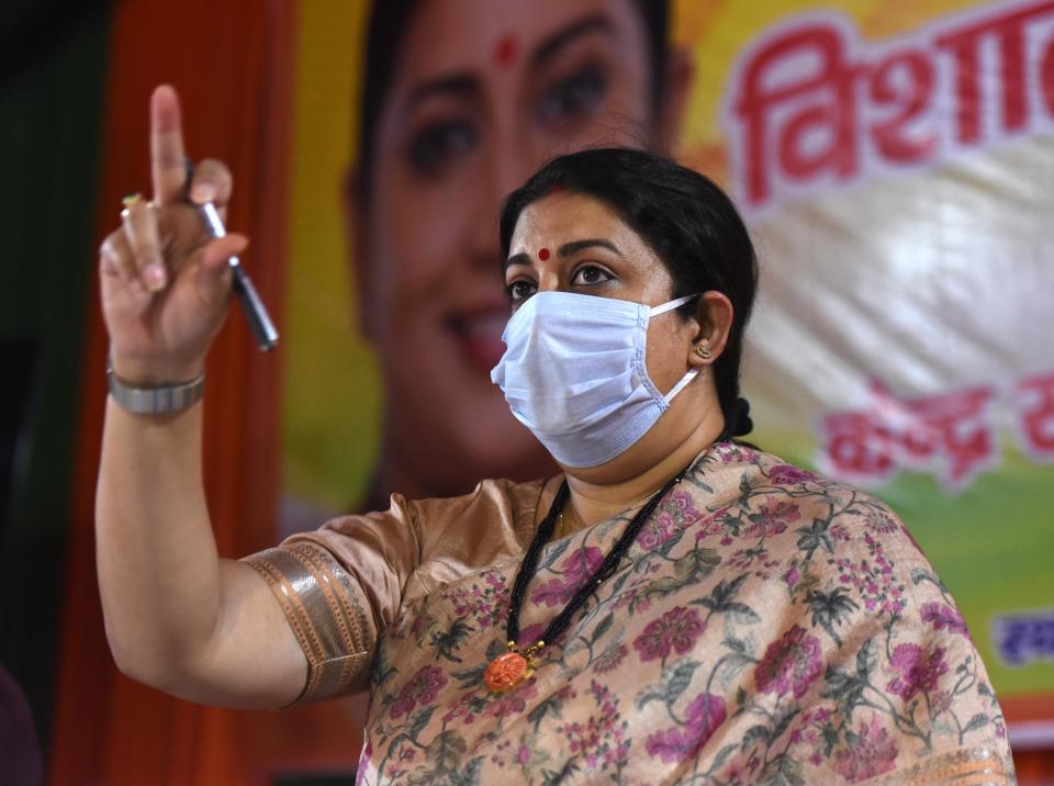 NEW DELHI, INDIA - JUNE 10:  Union Minister of Textiles and Minister of Women and Child Development Smriti Irani addresses the Uttarakhand Jan Samvad virtual rally from the Delhi BJP office at Pandit Pant Marg  on June 10, 2020 in New Delhi, India.  (Photo by Sonu Mehta/Hindustan Times via Getty Images)