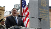 U.S. Secretary of State Mike Pompeo delivers a speech during a ceremony at the General Patton memorial in Pilsen near Prague, Czech Republic, Tuesday, Aug. 11, 2020. U.S. Secretary of State Mike Pompeo is in Czech Republic at the start of a four-nation tour of Europe. Slovenia, Austria and Poland are the other stations of the trip. (AP Photo/Petr David Josek, Pool)