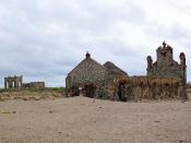 The remains of the church and railway station buildings. A few fishermen have settled here in thatched huts.