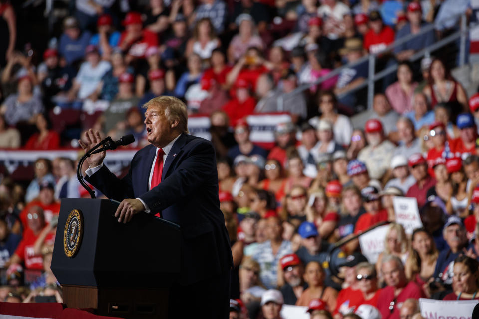 President Donald Trump speaks during a campaign rally at the Santa Ana Star Center, Monday, Sept. 16, 2019, in Rio Rancho, N.M. (AP Photo/Evan Vucci)