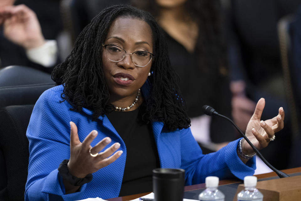 Supreme Court nominee Ketanji Brown Jackson testifies during her Senate Judiciary Committee confirmation hearing on Capitol Hill in Washington, Wednesday, March 23, 2022. (AP Photo/Alex Brandon)