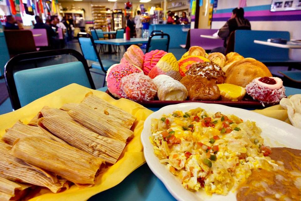 Pan dulce, migas and pork tamales at Marquez Bakery in Arlington.