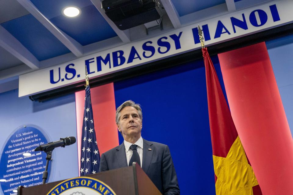 U.S. Secretary of State Antony Blinken pauses while speaking at a news conference at the U.S. Embassy Annex in Hanoi, Vietnam, Saturday, April 15, 2023. (AP Photo/Andrew Harnik, Pool)