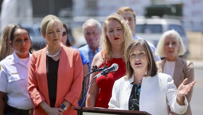 Salt Lake County Mayor Jenny Wilson speaks during a press conference about a new Salt Lake County human services, homelessness and criminal justice reform action plan outside of the Salt Lake County Sheriff’s Office in Salt Lake City on Friday, July 19, 2024.