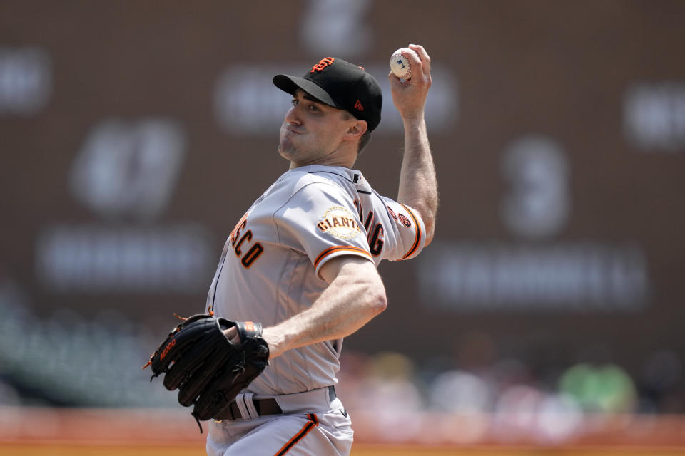 San Francisco Giants starting pitcher Ross Stripling throws during the first inning of a baseball game against the Detroit Tigers, Monday, July 24, 2023, in Detroit. (AP Photo/Carlos Osorio)