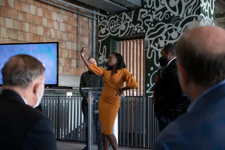 Raven Scott, of team The Crew, during her team presentation of the application at the Detroit Apple Developer Academy first graduation at the First National Building on Woodward Ave in Detroit on June 30, 2022.