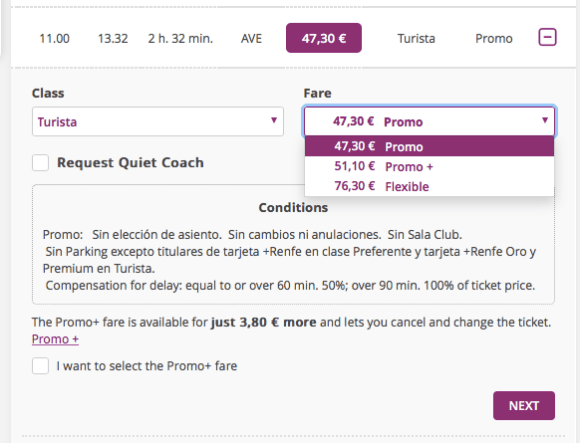 每班火車有不同的艙等，即使是同一艙等還有 Promo、Promo+、Flexible 三種票種，主要差異在於改票換票的彈性。這部分資訊，即使是在英文版網頁，也是夾雜西班牙文和英文，還好有 Google Translate 的功能幫忙，重要資訊不至於看不懂