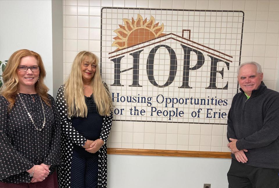 Michael Fraley, right, executive director of the Housing Authority of the City of Erie, is shown Nov. 16, 2022, with the authority's deputy executive director, Dusti Dennis, left, and Cherie Kinem, resident initiatives coordinator, in the lobby of the authority office at 606 Holland St.