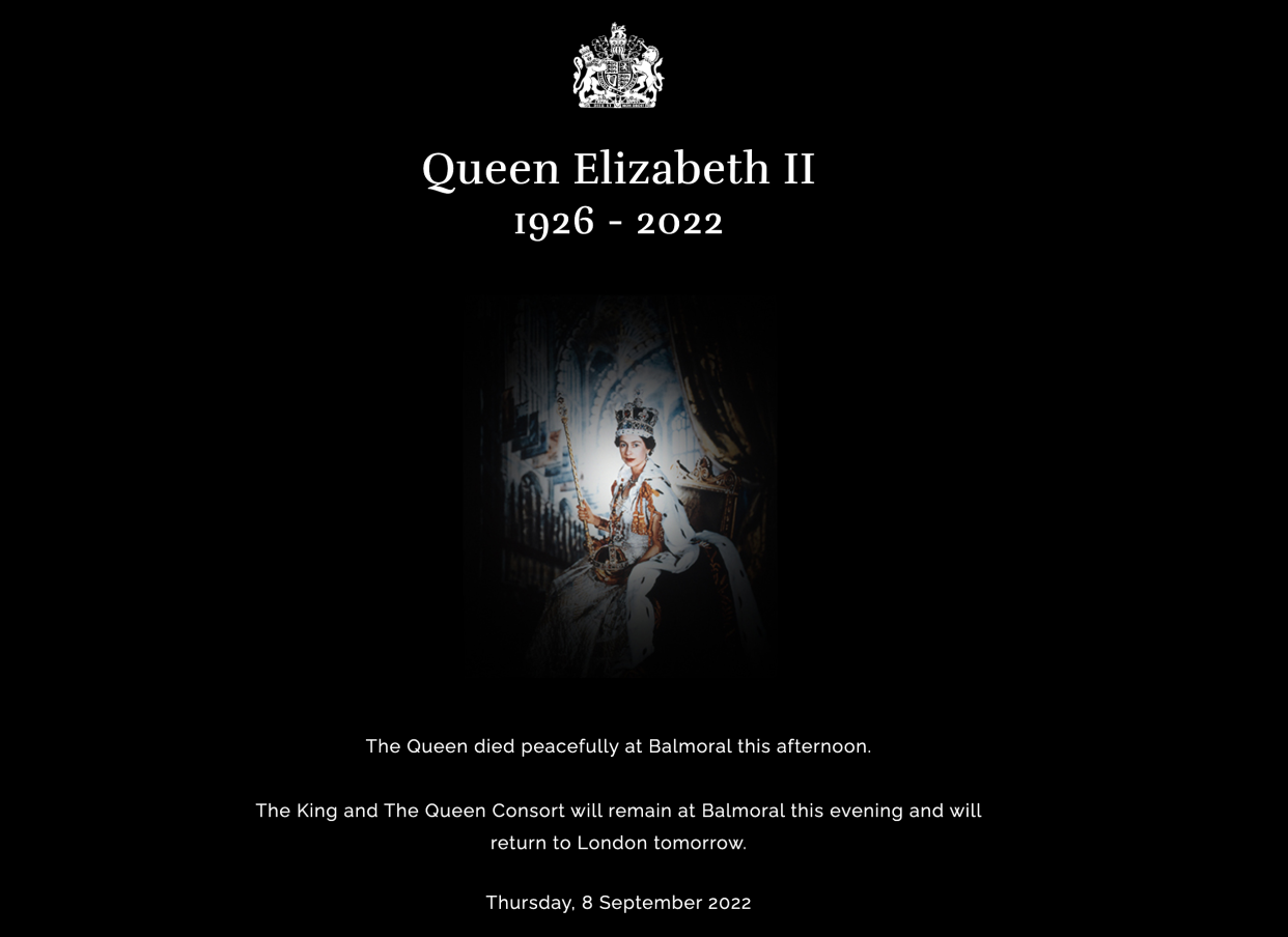 Buckingham Palace's website announces the death of Queen Elizabeth II on September 8, 2022