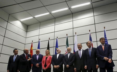 (From L to R) Chinese Foreign Minister Wang Yi, French Foreign Minister Laurent Fabius, German Foreign Minister Frank Walter Steinmeier, European Union High Representative for Foreign Affairs and Security Policy Federica Mogherini, Iranian Foreign Minister Mohammad Javad Zarif, Head of the Iranian Atomic Energy Organization Ali Akbar Salehi, Russian Foreign Minister Sergey Lavrov, British Foreign Secretary Philip Hammond and U.S. Secretary of State John Kerry pose for a group picture at the United Nations building in Vienna, Austria July 14, 2015. REUTERS/Carlos Barria