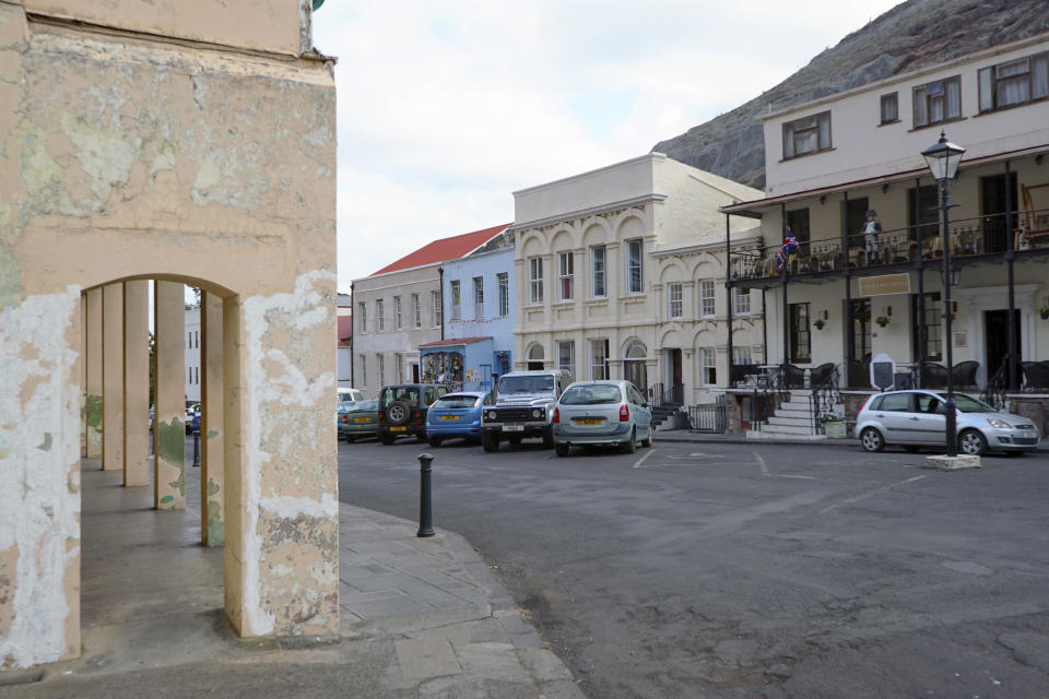 British Georgian-era colonial buildings line Main Street in Jamestown, St. Helena, on Friday, Feb. 23, 2024. The British overseas territory, located nearly halfway between southern Africa and Brazil, is one of the world’s most remote inhabited islands. (AP Photo/Nicole Evatt)