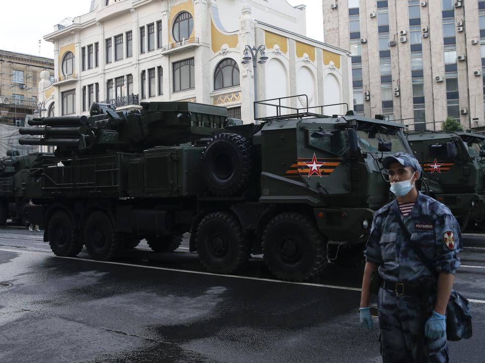 Pantsir air defence system moves along Tverskaya Street before a rehearsal of a military parade in Red Square marking the 75th anniversary of the Victory in WWII on June 18, 2020 in Moscow, Russia.