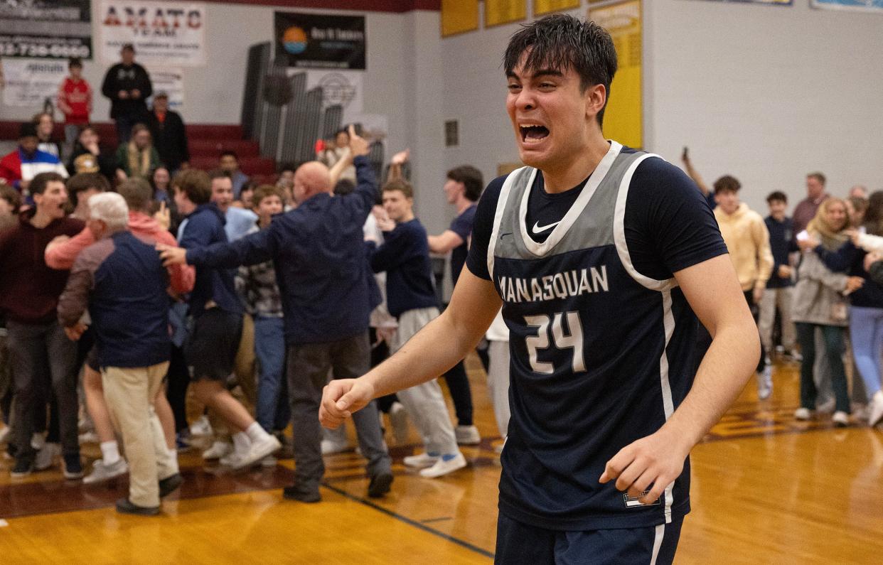 Mansquan’s Alex Kong is overcome with emotion when he and others thought they had won the game only to have the basket called off. Manasquan Boys Basketball lose to Camden in NJSIAA Group 2 Semifinals in Berkeley Township, NJ on March 5, 2024.
