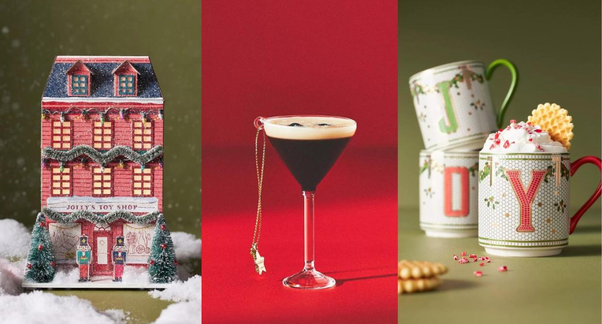 a toy shop village piece, an espresso martini ornament, three festive monogram mugs