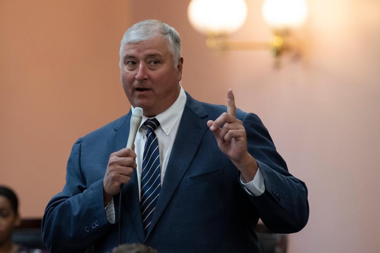Then-Rep. Larry Householder defends himself against a resolution for his expulsion during a session of the Ohio House on  June 16, 2021.