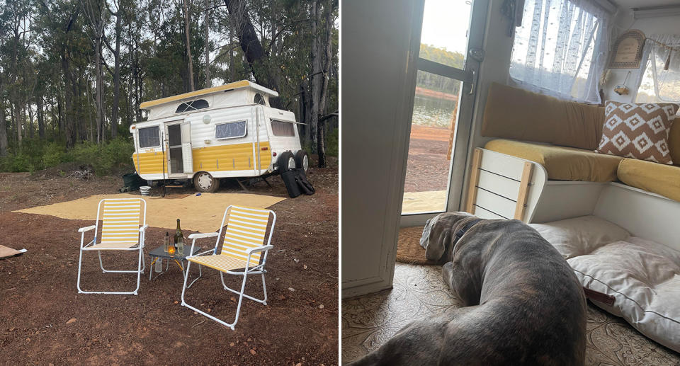 The couple's caravan and their dog inside the van.