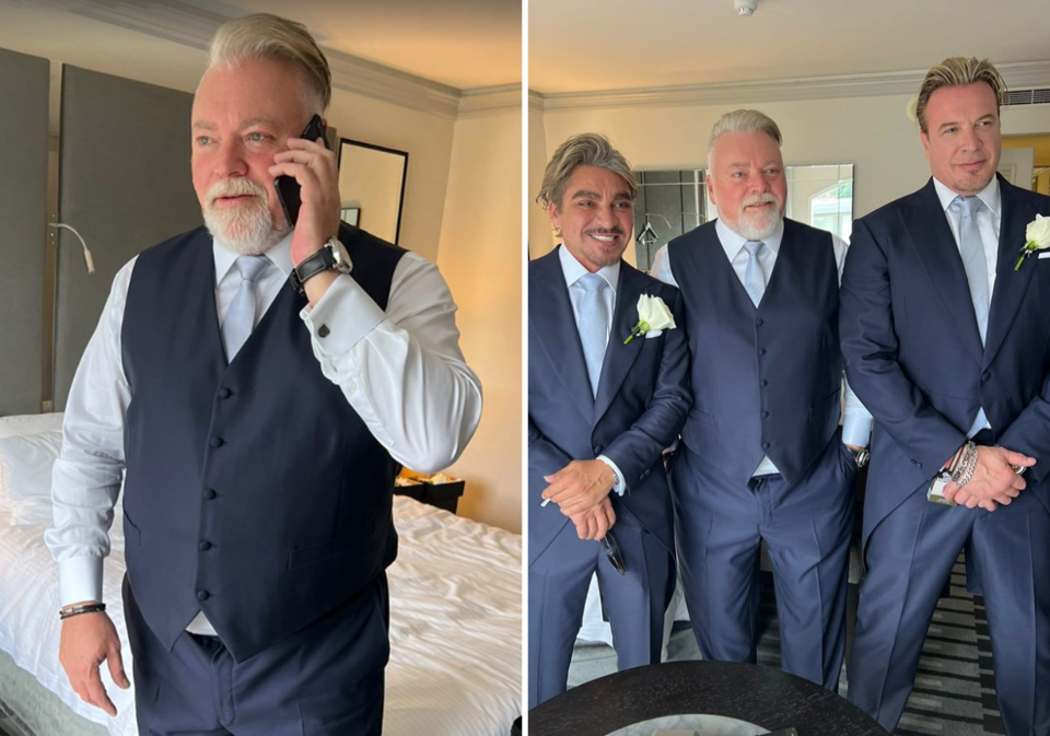 Kyle Sandilands with his groomsmen John Ibrahim and Simon Main.