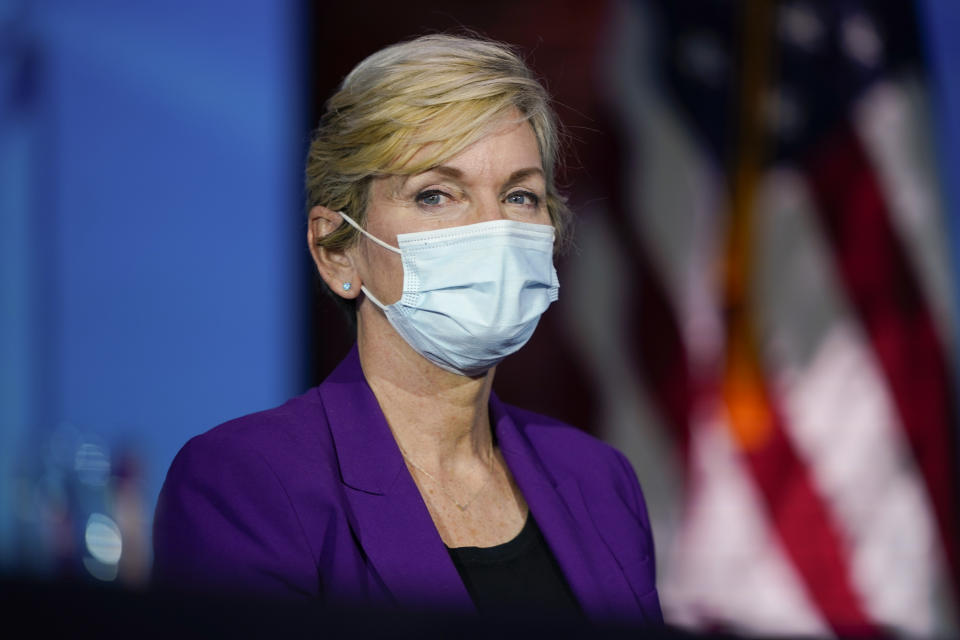 Former Michigan Gov. Jennifer Granholm, listens as President-elect Joe Biden announces her as his nominee for Secretary of Energy at The Queen Theater in Wilmington Del., Saturday, Dec. 19, 2020. (AP Photo/Carolyn Kaster)