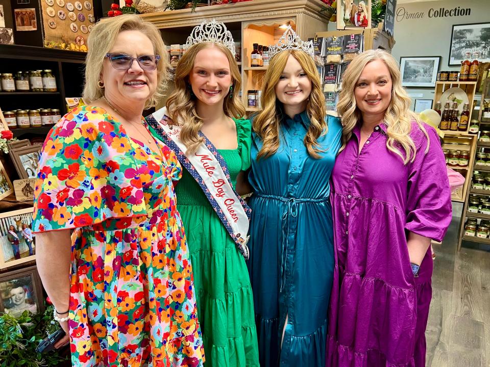 From left, Nora Grimes, 2024 Mule Day Queen Anissa Grimes, Honorary Queen Carly McGee and April Prince visit Baxter's Mercantile for Tea with the Queen on Friday, March 29, 2024.