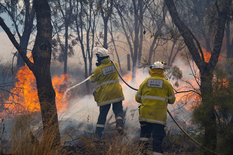 FOTO DE ARCHIVO. Imagen referencial de bomberos apagando las llamas de los incendios forestales en Red Gully, Australia Occidental