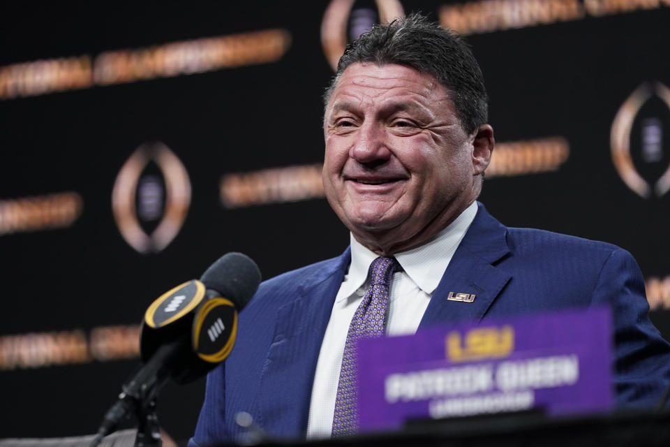 LSU head coach Ed Orgeron speaks during a news conference after their teams win in the NCAA College Football Playoff national championship game Tuesday, Jan. 14, 2020, in New Orleans. LSU won 42-25 over Clemson on Monday. (AP Photo/David J. Phillip)