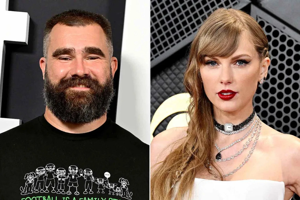 <p>Lisa Lake/Getty; Gilbert Flores/Billboard via Getty</p> Jason Kelce and Taylor Swift