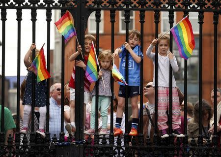 Children wave rainbow flags as they stand with their same-sex marriage supporting parents at Dublin Castle in Dublin, Ireland May 23, 2015. REUTERS/Cathal McNaughton