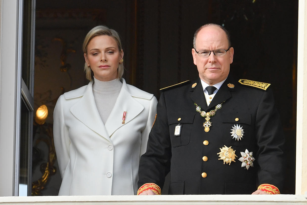 MONTE-CARLO, MONACO - NOVEMBER 19:  Princess Charlene of Monaco and Prince Albert II of Monaco pose at the Palace balcony during the Monaco National Day Celebrations on November 19, 2019 in Monte-Carlo, Monaco. (Photo by Stephane Cardinale - Corbis/Corbis via Getty Images)